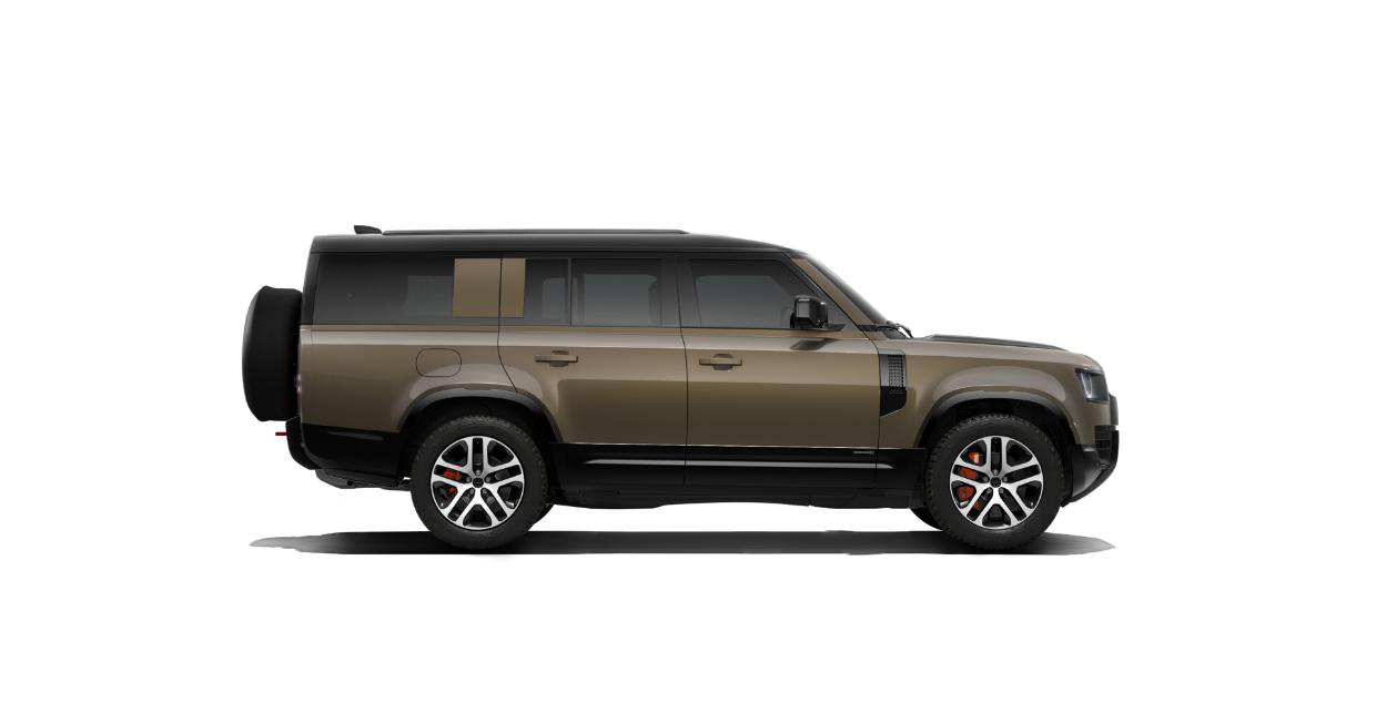 Land Rover Defender — Side profile of the long-wheelbase Defender 110 in a bronze finish with black floating roof, red brake calipers and diamond-turned alloy wheels.