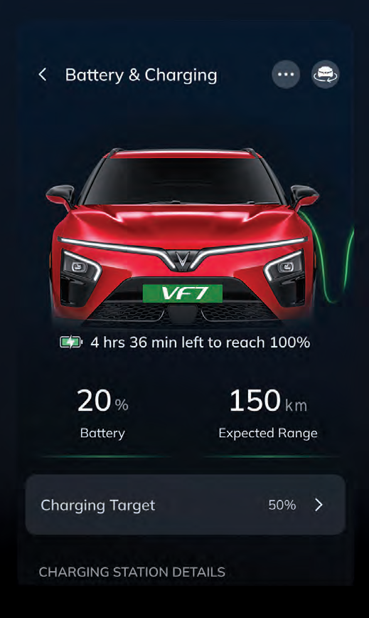 VinFast VF 7 — Connected-car app showing battery level and range monitoring