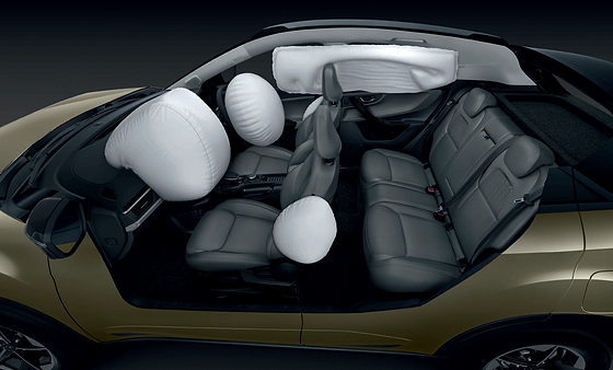Tata Nexon, Six airbags - dual front, side and curtain airbags shown deployed in cutaway