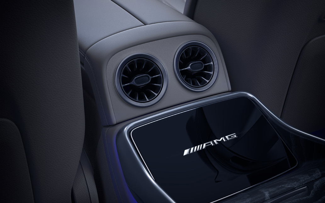 Mercedes-Benz Mercedes-AMG GT 63 S 4MATIC+ — Rear-console turbine-style air vents with illuminated AMG-badged panel