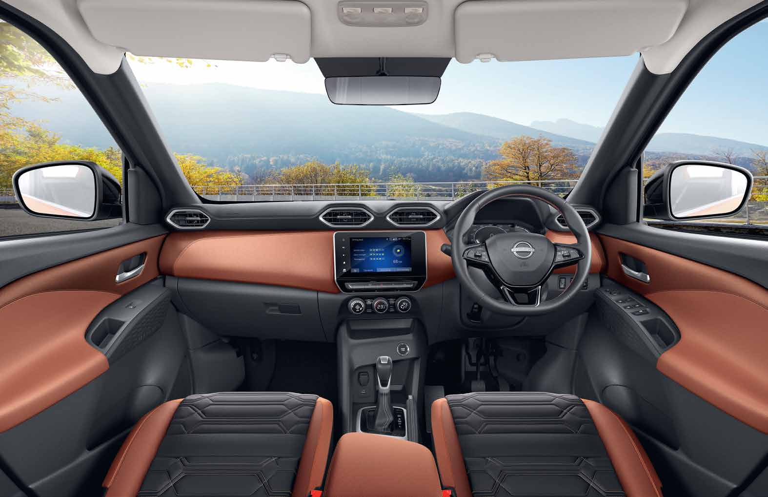 Nissan Magnite — Leather-wrapped dashboard with floating touchscreen, digital cluster and dual-tone trim.