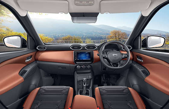 Nissan Magnite, Leather-wrapped dashboard with floating touchscreen, digital cluster and dual-tone trim.