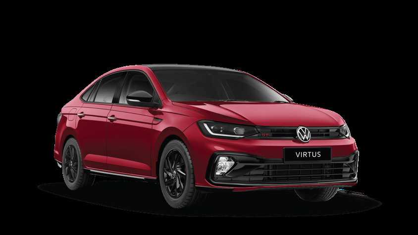 Volkswagen Virtus — Virtus GT Plus Sport front three-quarter with LED headlamps, glossy black grille and the red GT badge, set off by a dual-tone black roof and black alloy wheels.