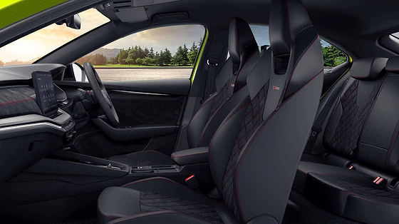Skoda Octavia RS, RS sport seats in Suedia and leatherette with red diamond stitching and the RS logo.
