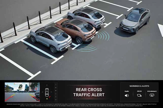 Tata Curvv, Rear Cross Traffic Alert detects vehicles approaching from behind while reversing out of parking.