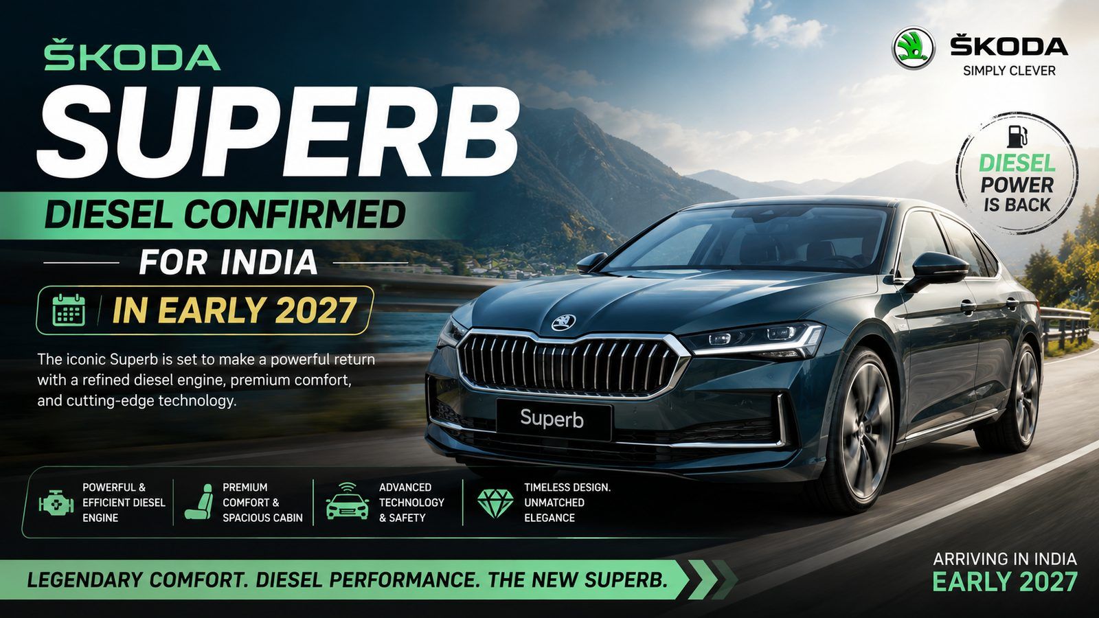 Skoda Superb Diesel Confirmed for India in Early 2027, Expected at ₹55-60 Lakh