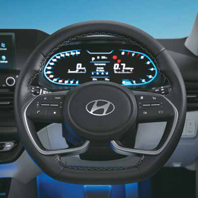 Hyundai i20 — Leather-wrapped D-cut steering wheel