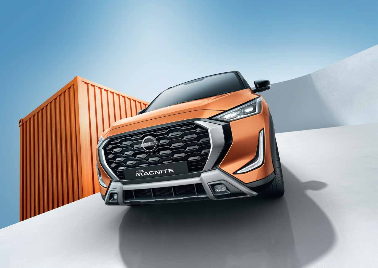 Nissan Magnite — Imposing dual-tone hexagonal grille with chrome surround, LED headlamps and silver front skid plate.