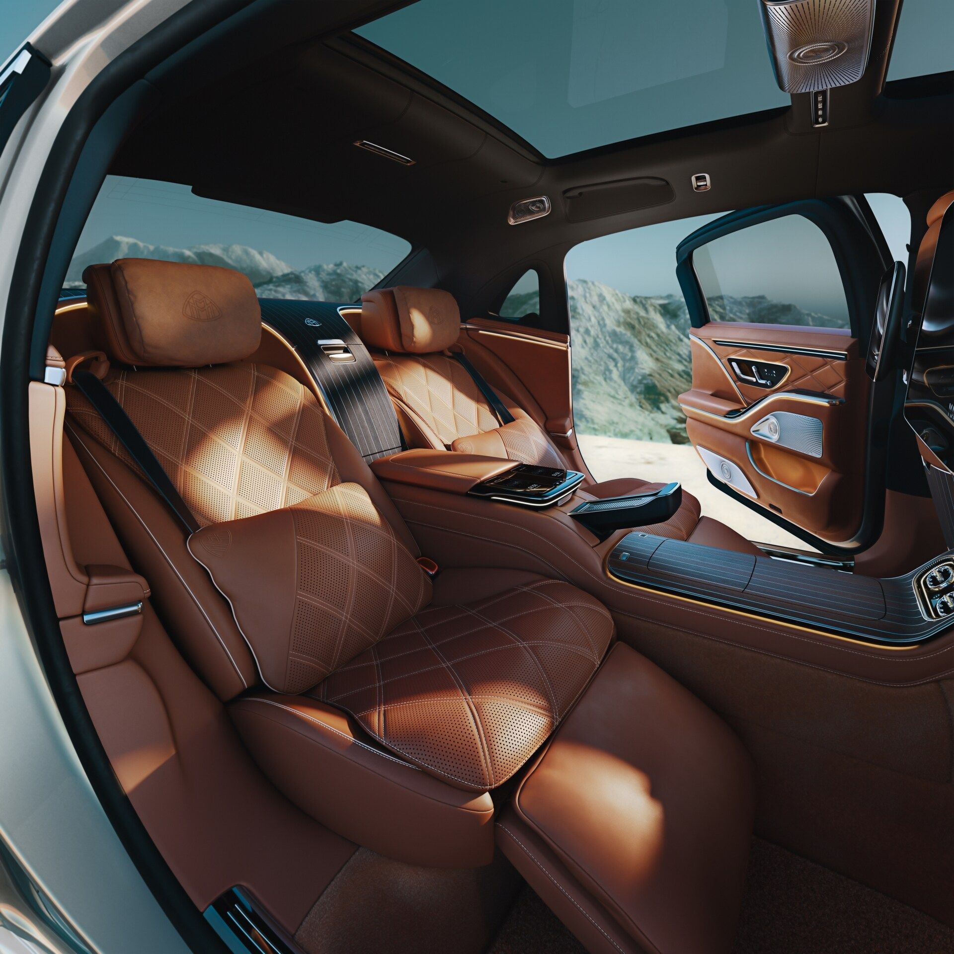 Mercedes-Benz Mercedes-Maybach S-Class, Executive rear seats in MANUFAKTUR Nappa leather with diamond quilting and Maybach pillow headrests; they recline to 43 degrees.