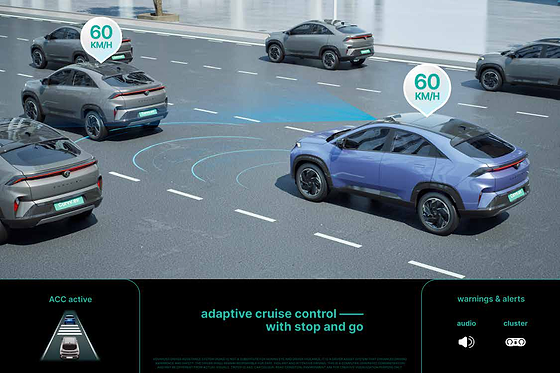 Tata Curvv EV, Adaptive Cruise Control with stop & go holds a set gap to the vehicle ahead, with audio and cluster alerts