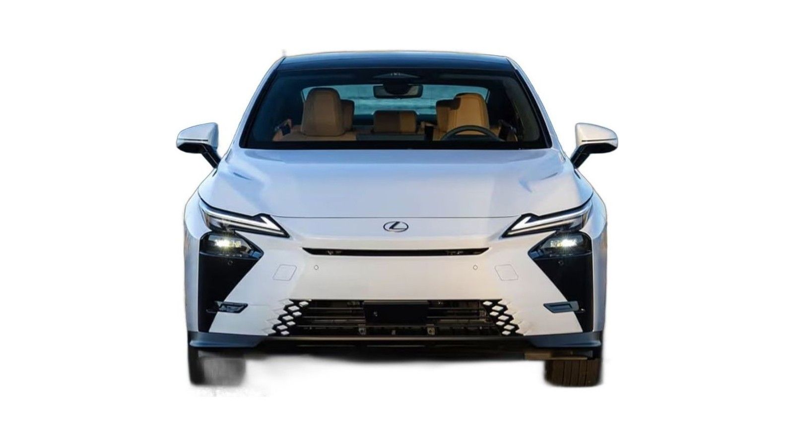 White sedan photographed from front, showing headlights, grille, and tan interior visible through windshield.