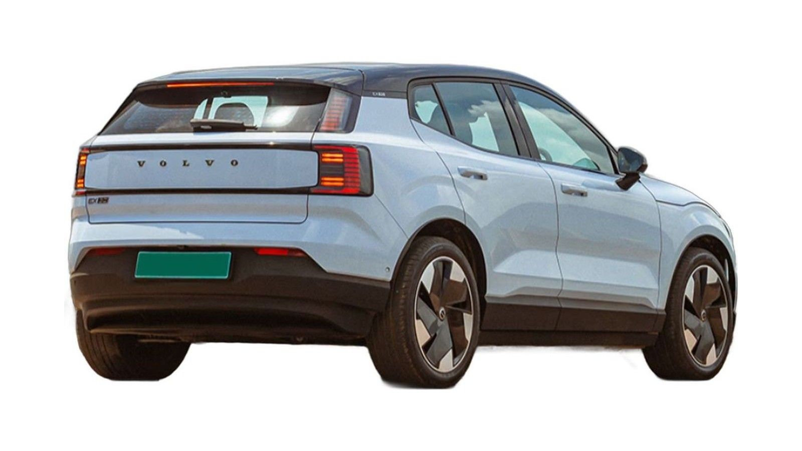 Light blue compact electric SUV shown from rear three-quarter view with green license plate.