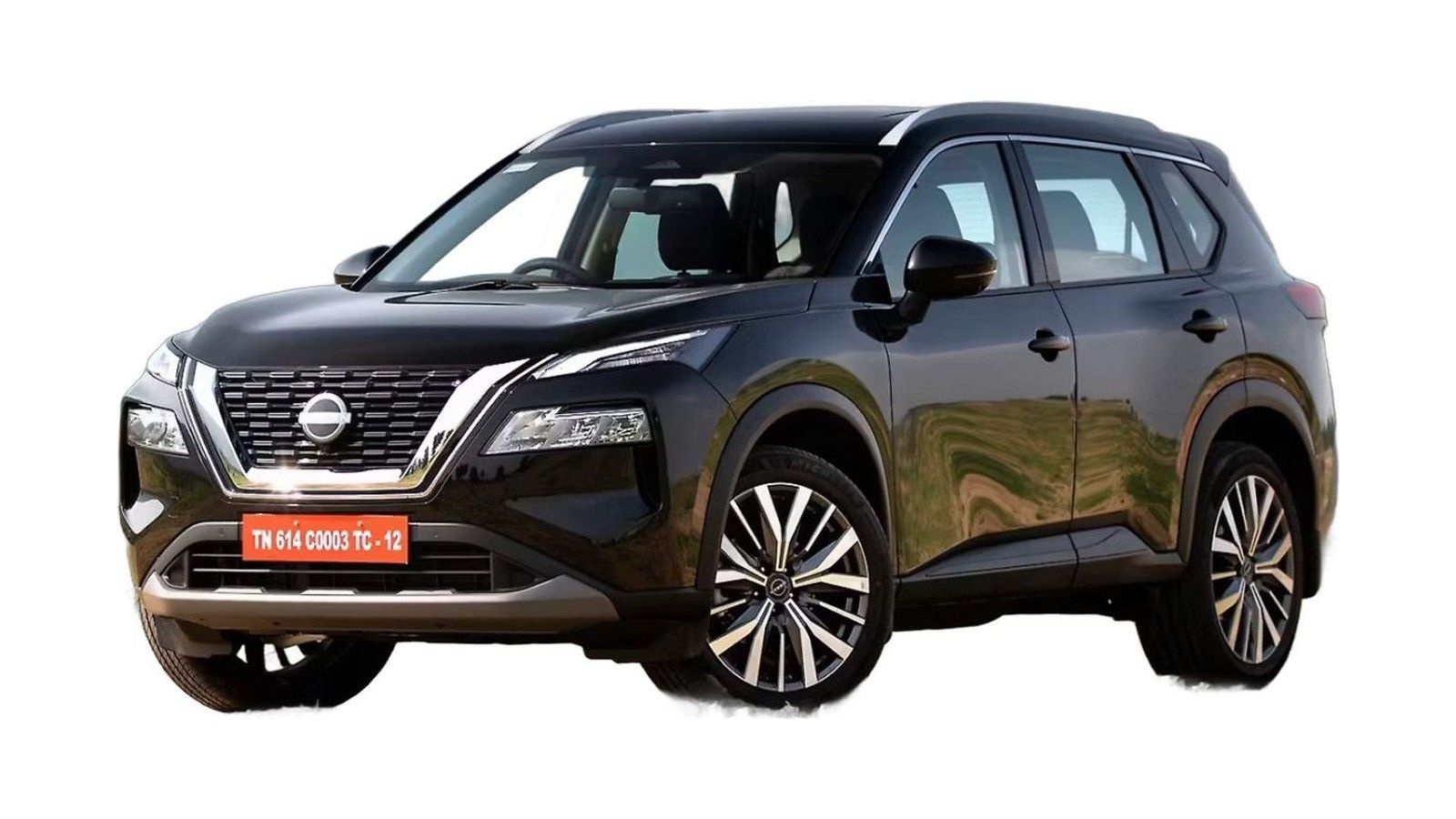 Black Nissan X-Trail SUV with alloy wheels displayed against white background.