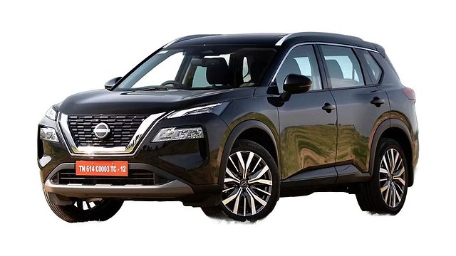 Black Nissan X-Trail SUV with alloy wheels displayed against white background.