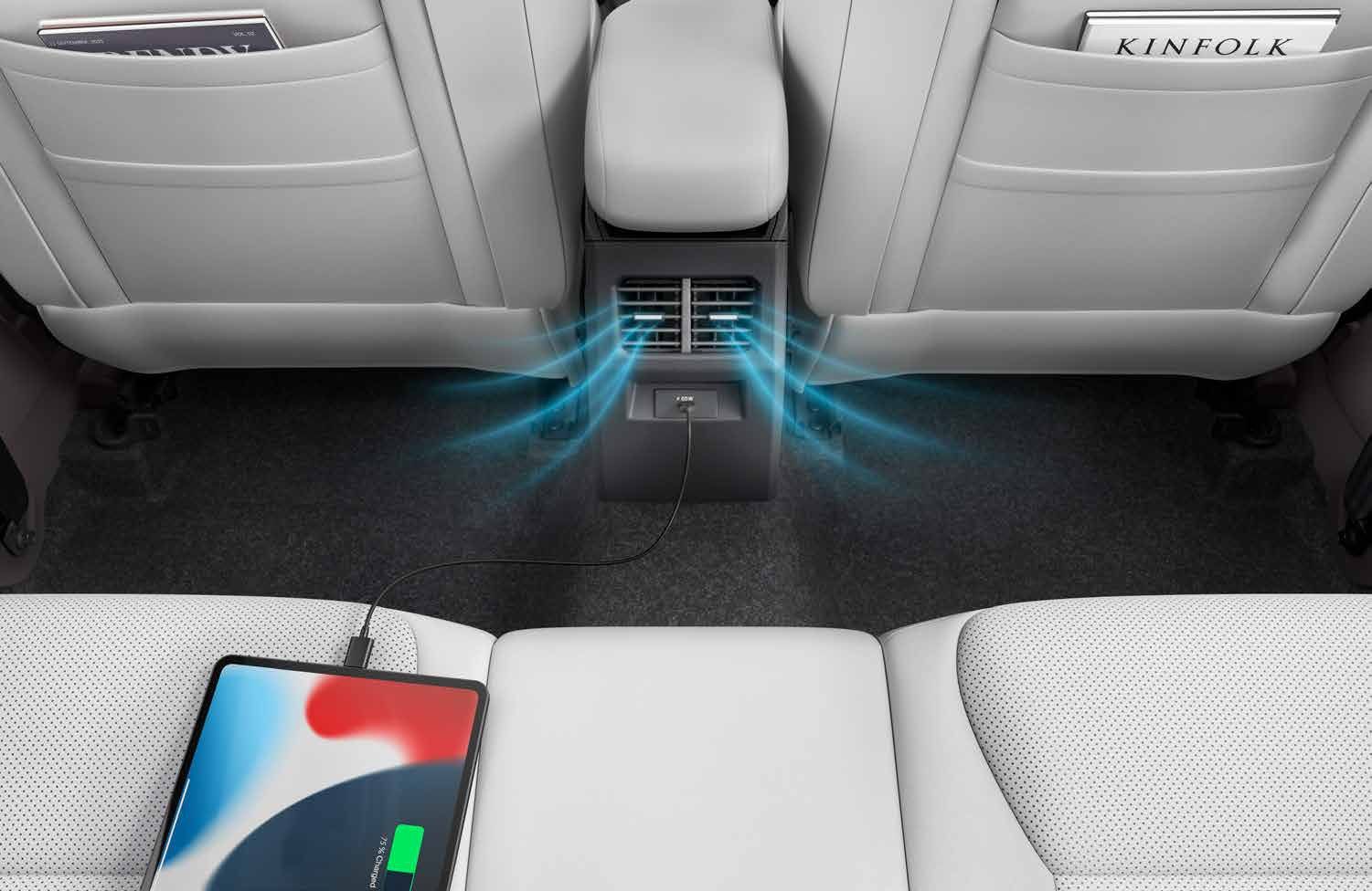 Tata Aeris, Rear AC vents with a charging point below for back-seat passengers