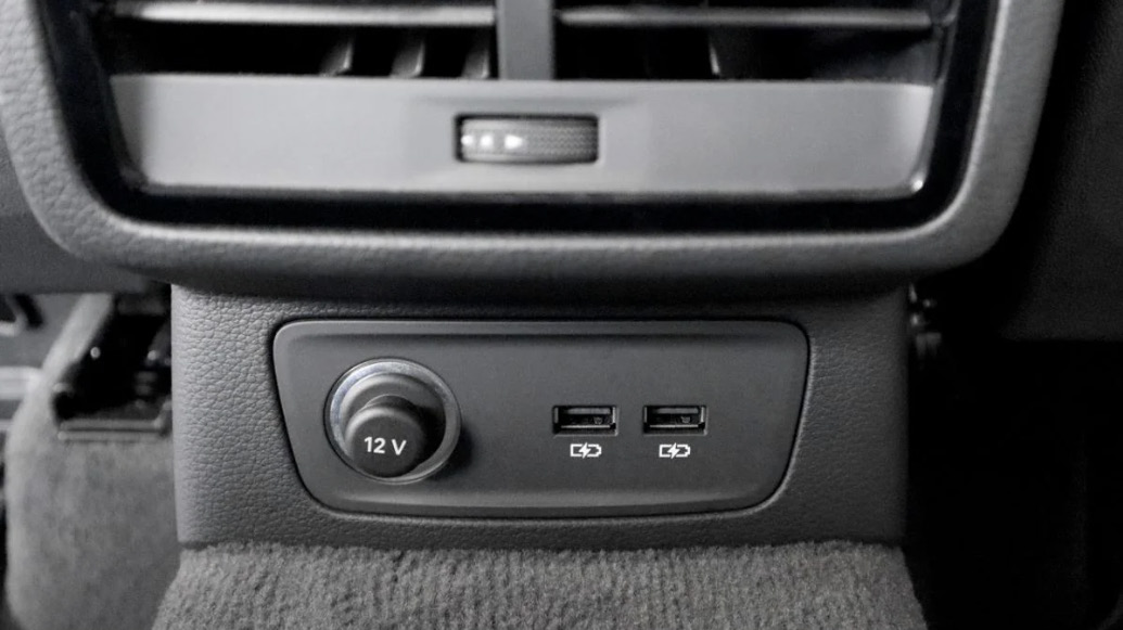 Audi Q3 — Rear 12-volt power socket with dual USB-C charging ports below the rear air vents.