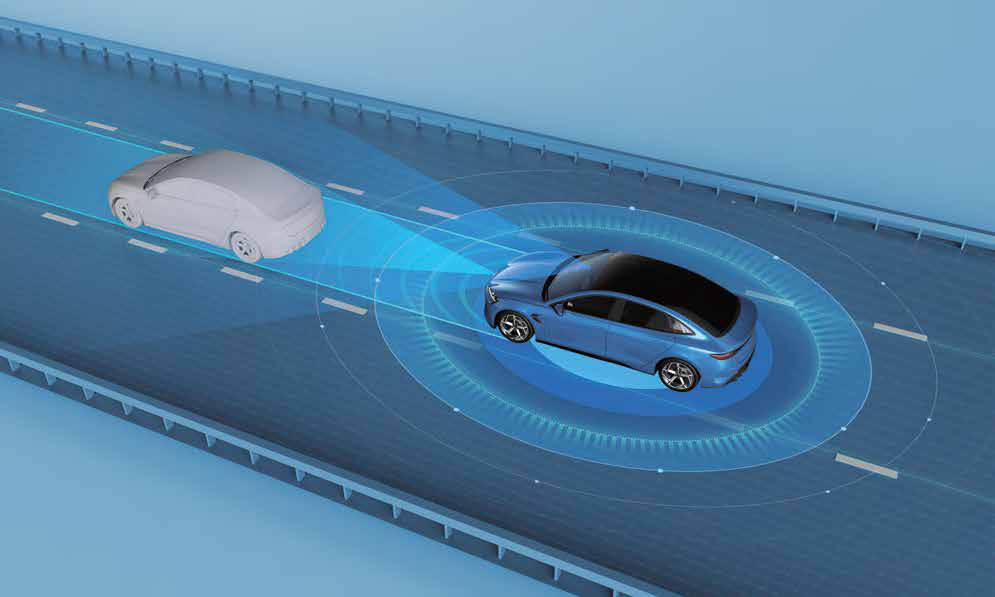 BYD Seal — Multi-sensor driver-assist suite illustration showing adaptive cruise control following the car ahead.
