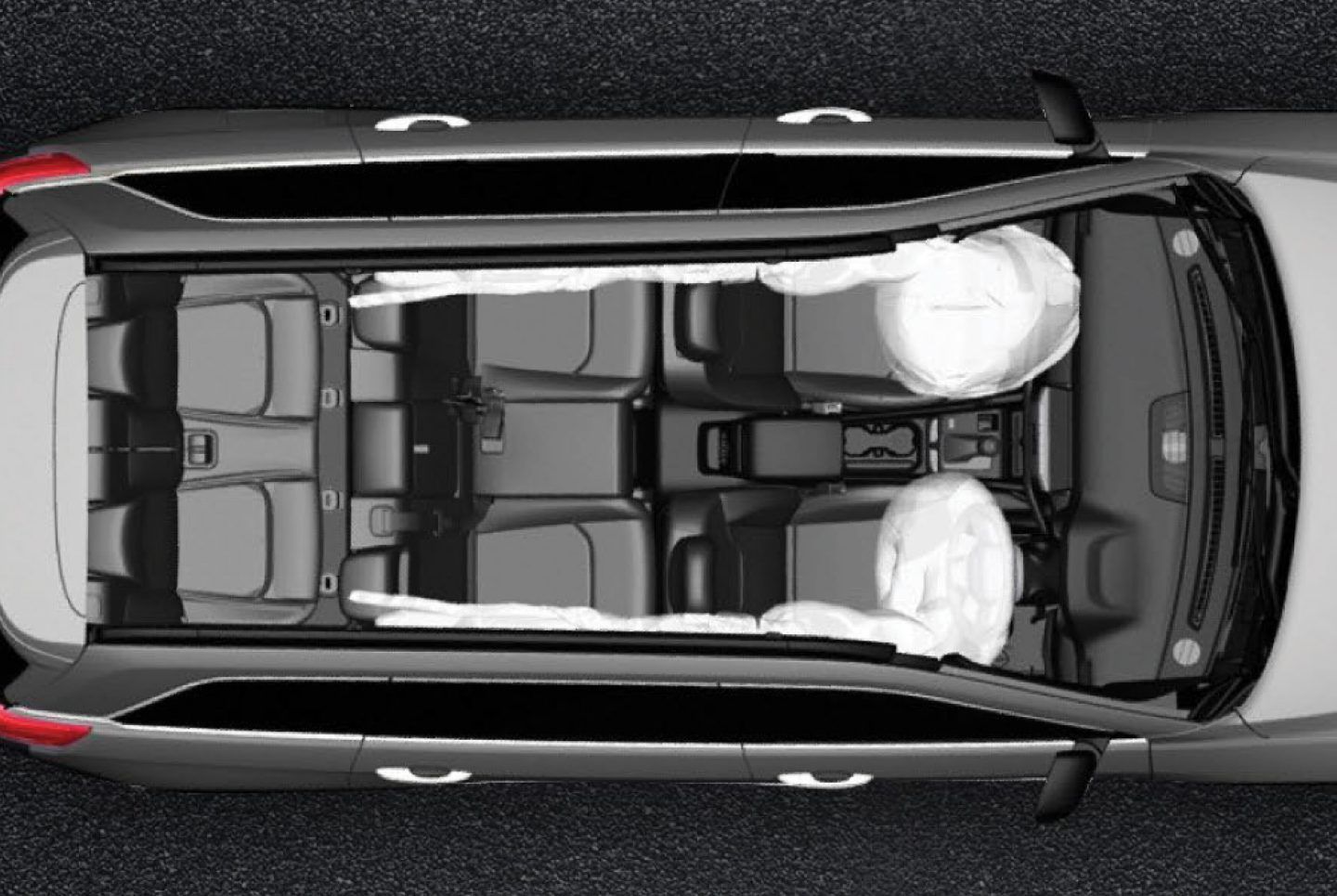 Jeep Meridian — Top-down cutaway of the cabin showing the front airbags deployed.