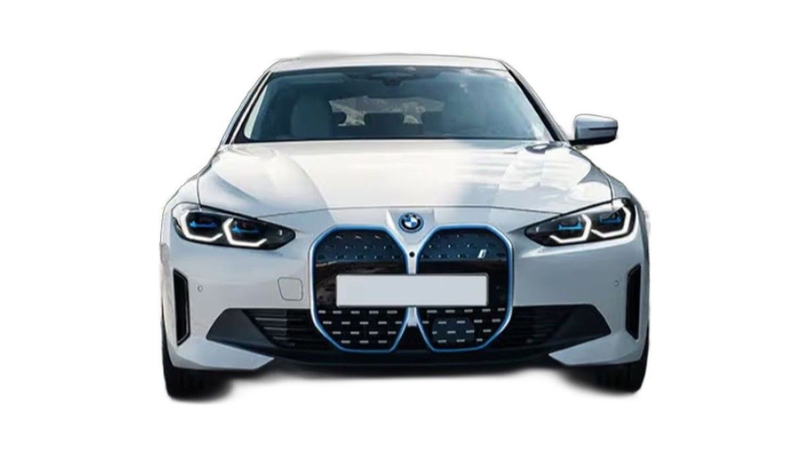 White BMW i4 electric sedan viewed from front, featuring distinctive dual kidney grille.