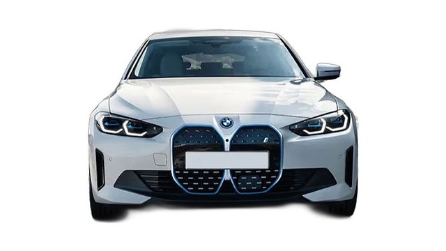 White BMW i4 electric sedan viewed from front, featuring distinctive dual kidney grille.