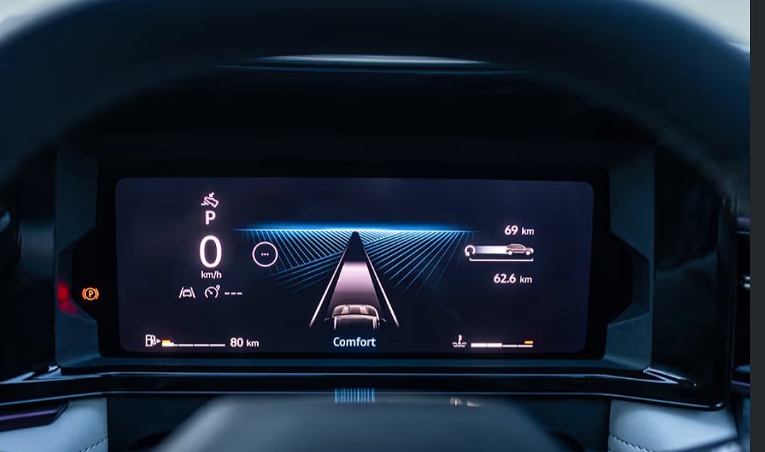 Digital instrument cluster displaying vehicle speed, navigation, and driving mode information.