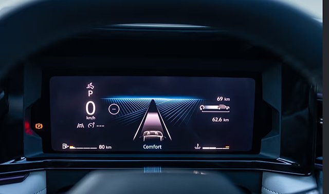 Digital instrument cluster displaying vehicle speed, navigation, and driving mode information.