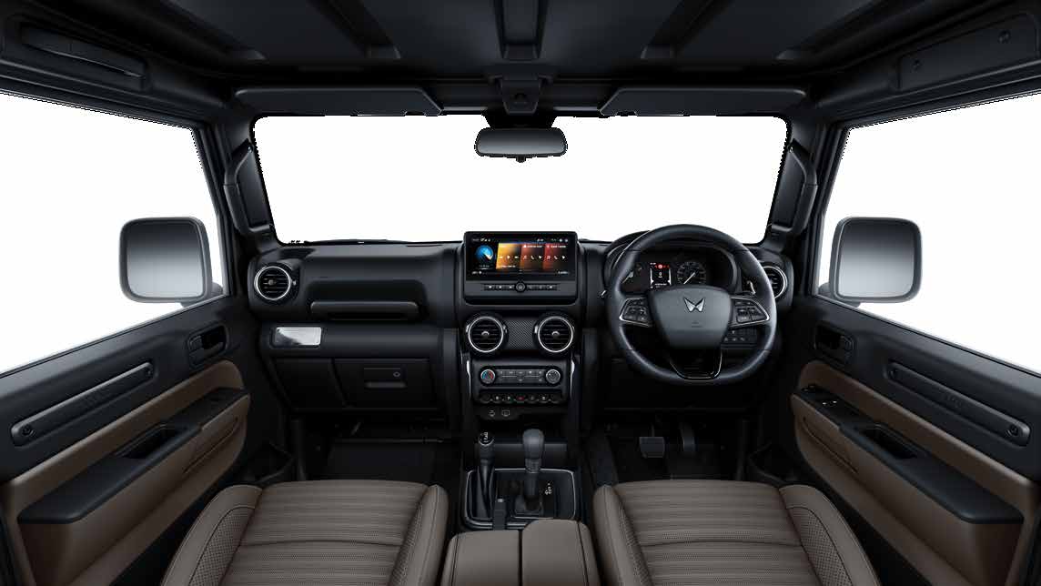 Mahindra Thar OG, Straight-on studio view of the full dashboard on a white background: touchscreen, twin-dial cluster, circular vents, rot