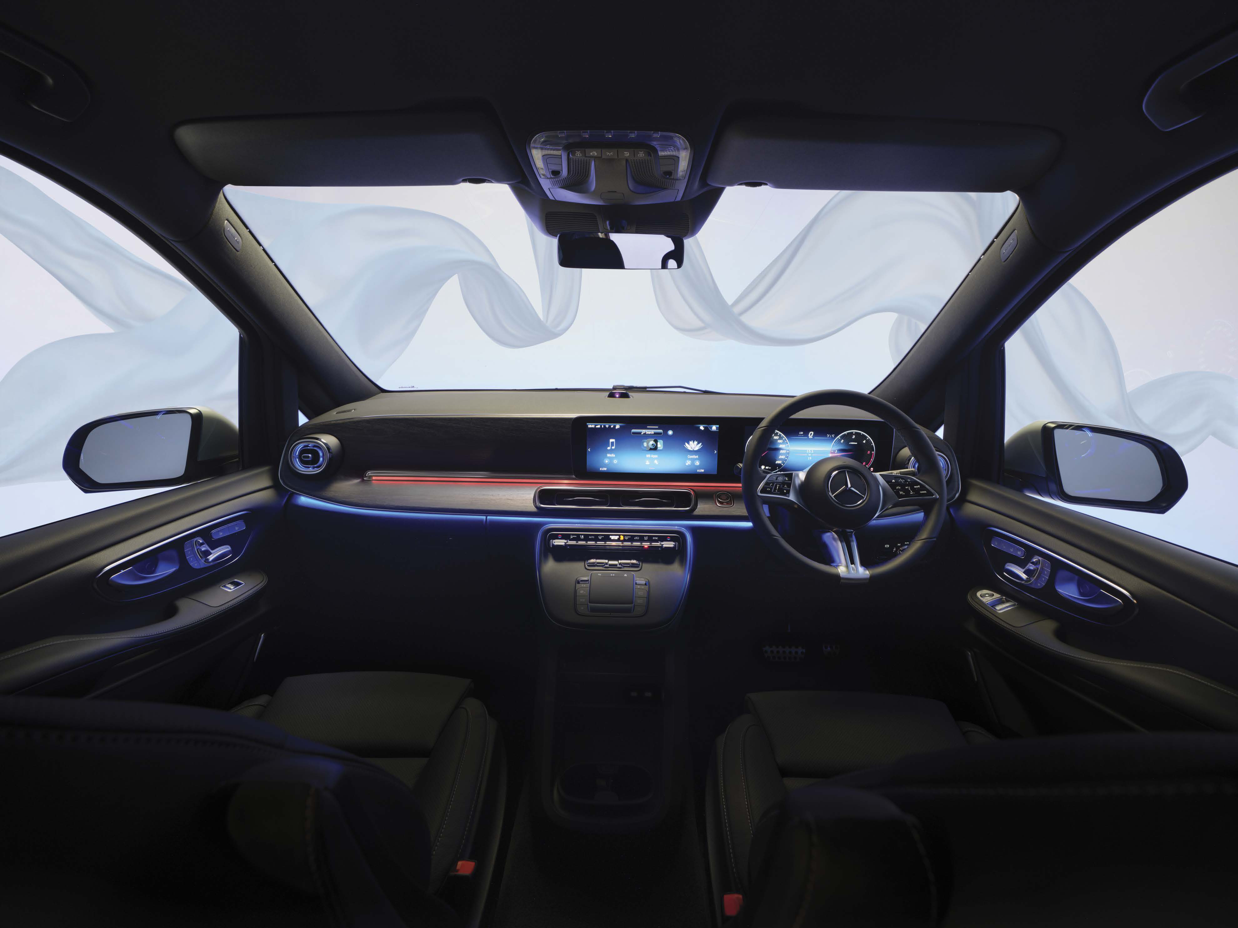 Mercedes-Benz V-Class — Driver-facing cockpit with the 31.2 cm (12.3-inch) MBUX High touchscreen, digital instruments and a steering wheel with touch-control panels.