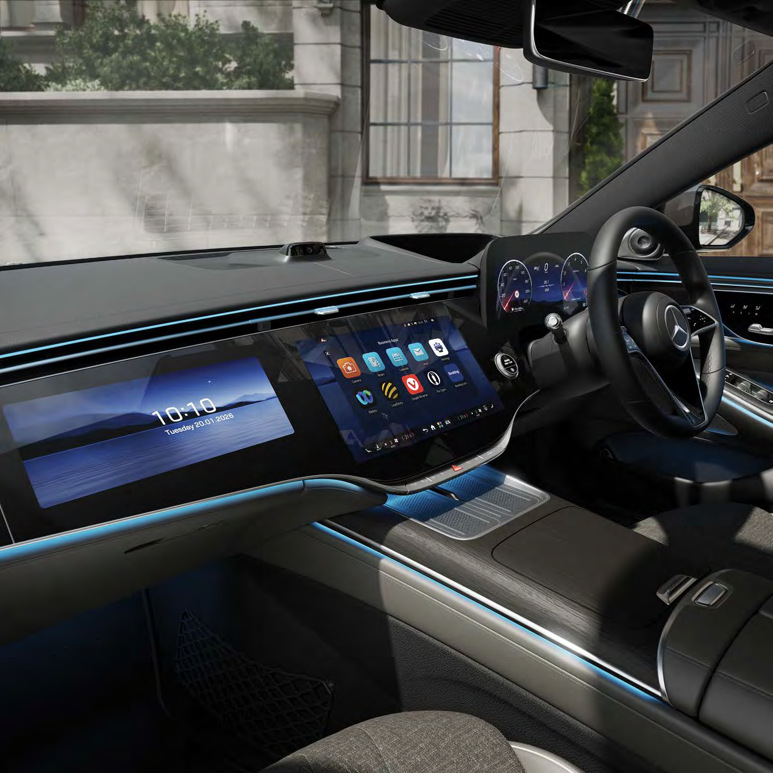 Mercedes-Benz S-Class — MBUX driver display and central touchscreen spanning the dashboard