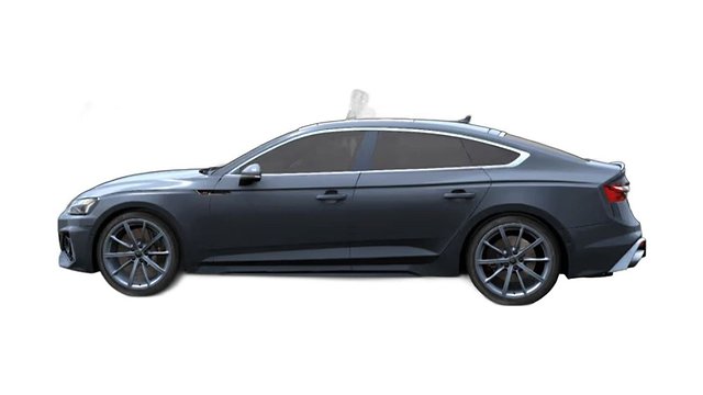 Dark blue sedan with four doors, alloy wheels, side profile view.