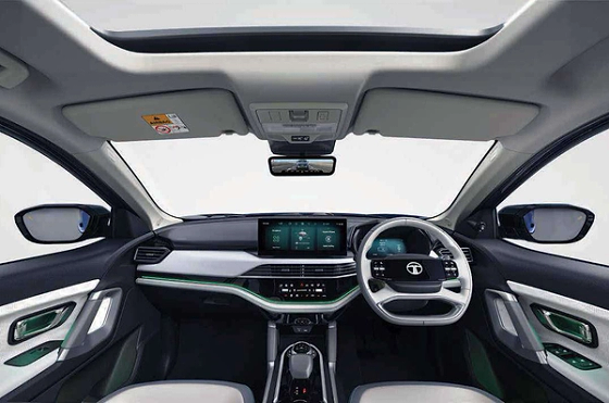 Tata Harrier EV, Dual-tone dashboard with layered dual screens, ambient light line and panoramic roof overhead
