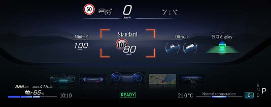 Mercedes-Benz EQS SUV, Driver display showing selectable drive programmes and remaining electric range with battery state of charge