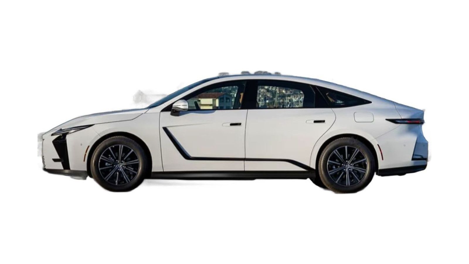 White sedan with open door, alloy wheels, shown in profile view.