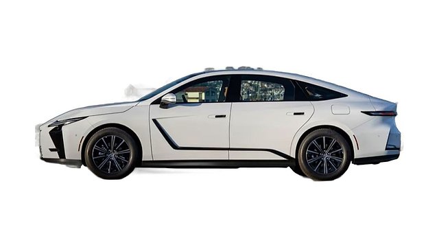 White sedan with open door, alloy wheels, shown in profile view.
