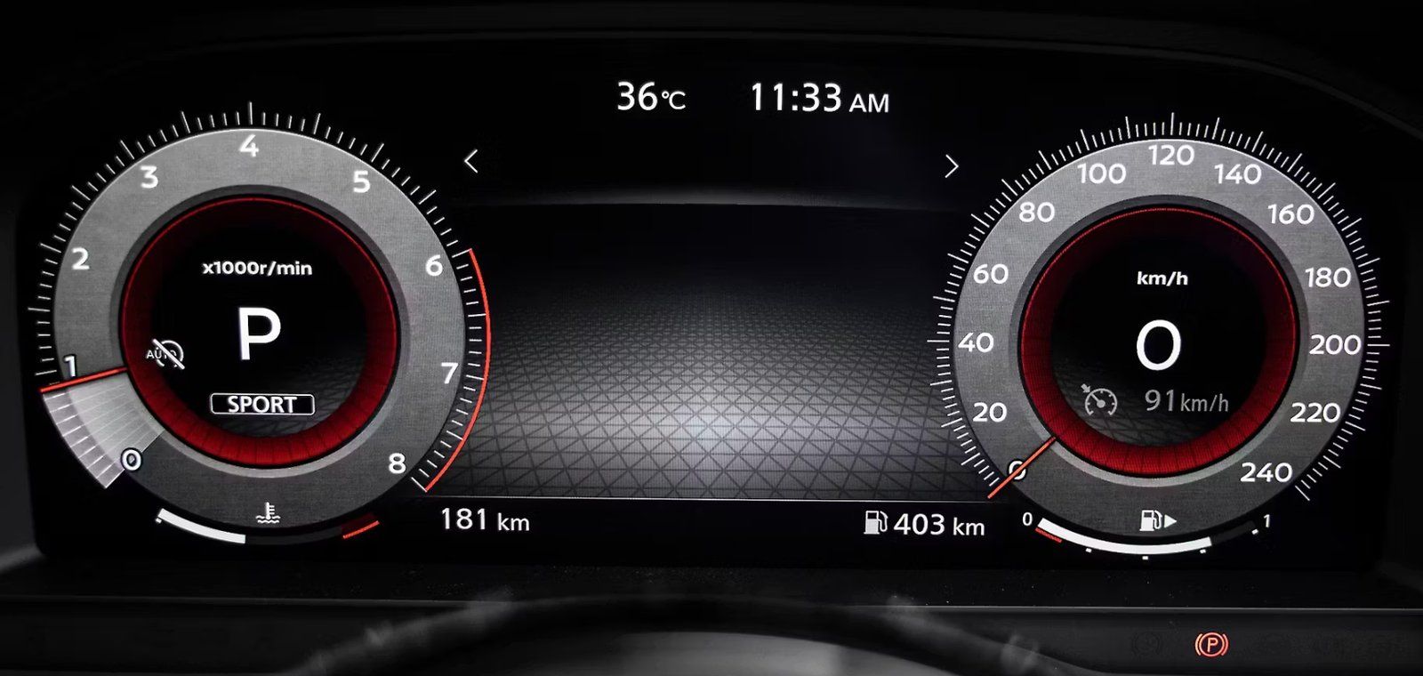 Digital dashboard displaying 0 km/h speed, park gear, temperature 36°C, and 403km fuel range.