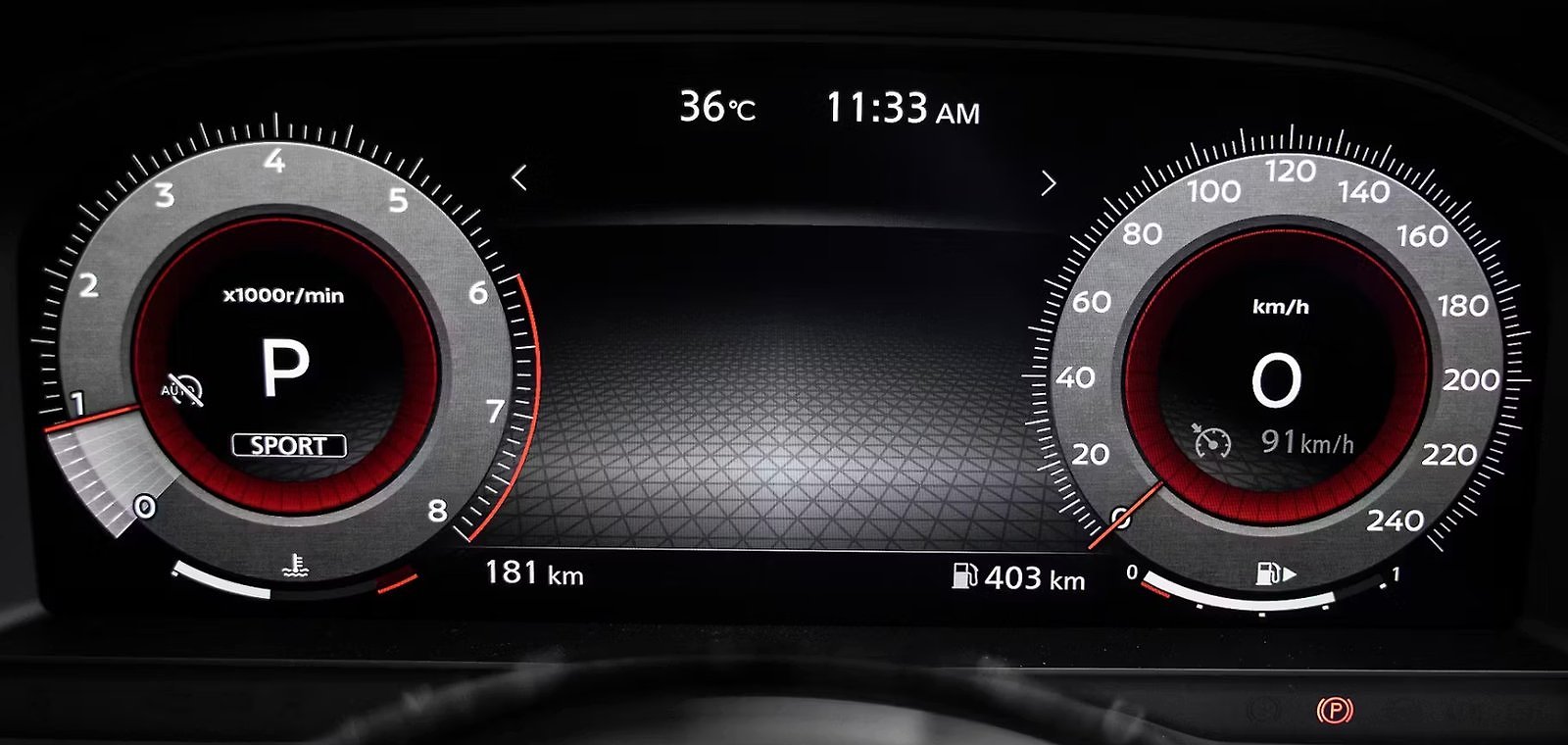 Digital dashboard displaying 0 km/h speed, park gear, temperature 36°C, and 403km fuel range.