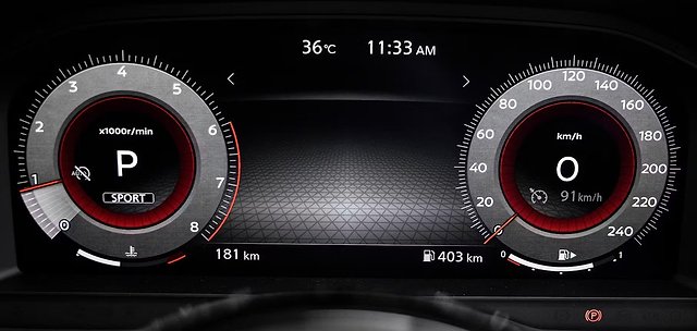 Digital dashboard displaying 0 km/h speed, park gear, temperature 36°C, and 403km fuel range.