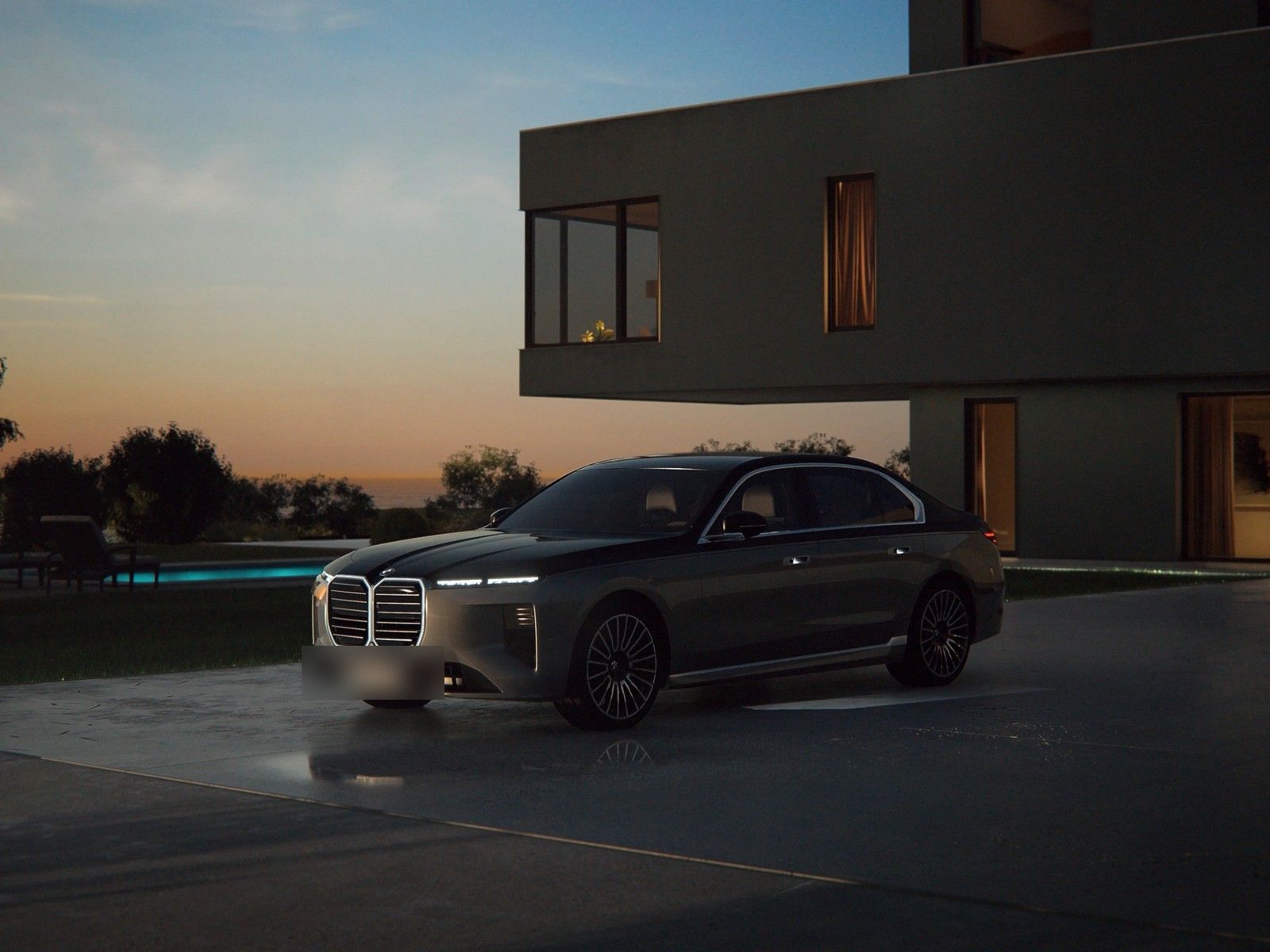 BMW 7 Series with the illuminated Iconic Glow kidney grille at dusk