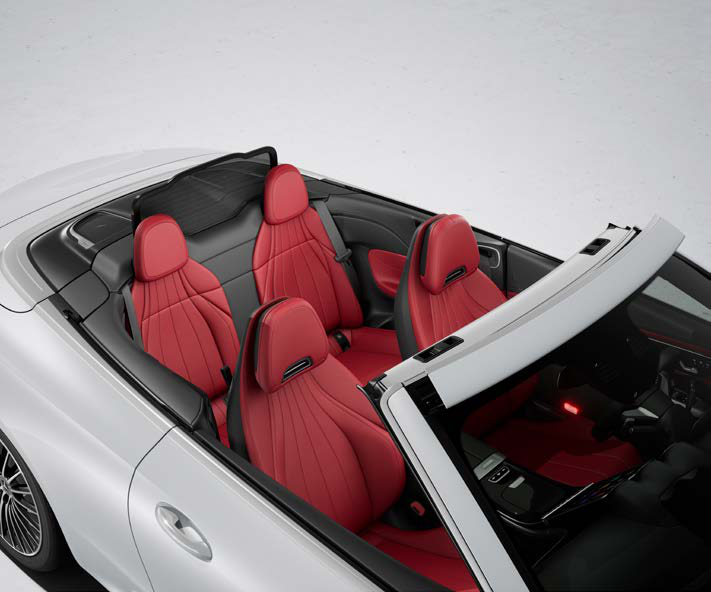Mercedes-Benz CLE Cabriolet — Front and rear seats in red nappa leather with the roof lowered