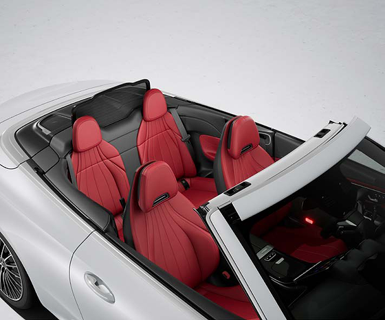 Mercedes-Benz CLE Cabriolet, Front and rear seats in red nappa leather with the roof lowered