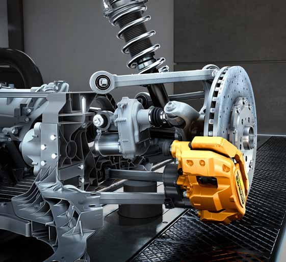 Mercedes-Benz Mercedes-AMG SL 55 Roadster — AMG high-performance braking system with drilled disc, yellow caliper and front-axle suspension