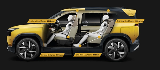 Tata Sierra, Cabin roominess: 1042 mm first-row headroom, 1004 mm second-row headroom, 973 mm second-row legroom and 900 mm couple distance