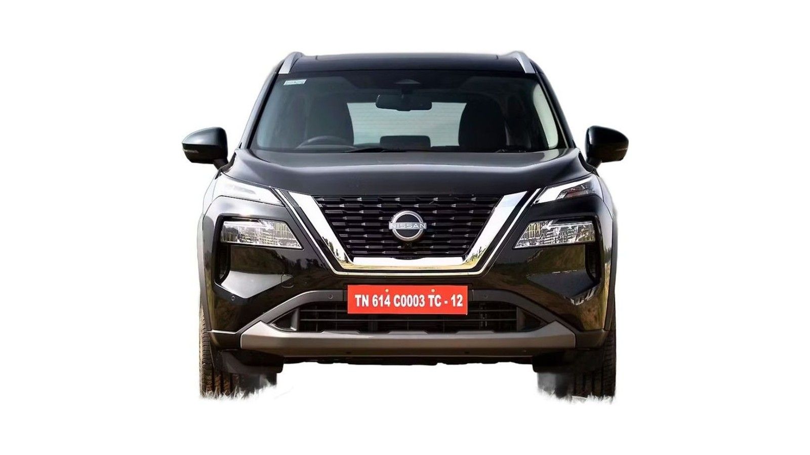 Black Nissan X-Trail SUV front view with red license plate on white background.