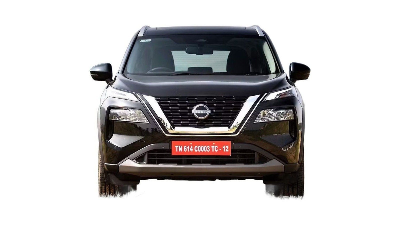 Black Nissan X-Trail SUV front view with red license plate on white background.