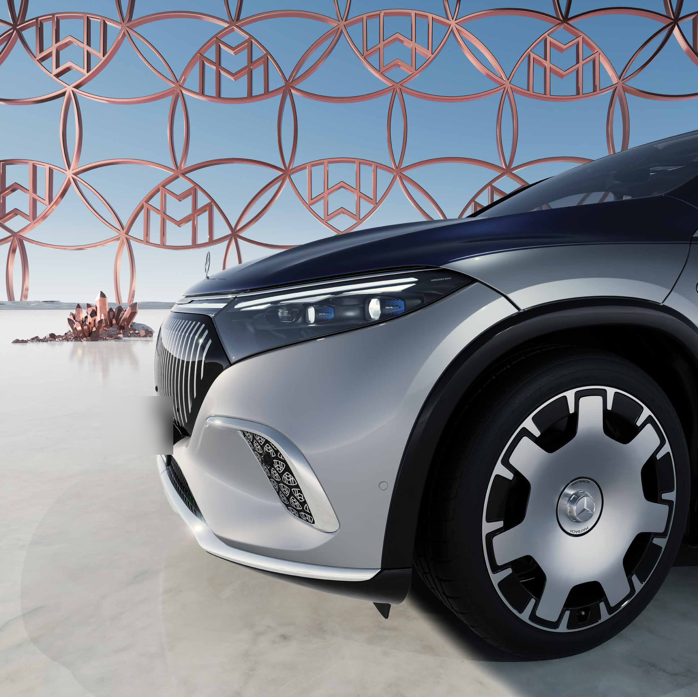 Mercedes-Benz Mercedes-Maybach EQS SUV — DIGITAL LIGHT LED headlamps flanking the vertical-slat Maybach grille and monogram air intake