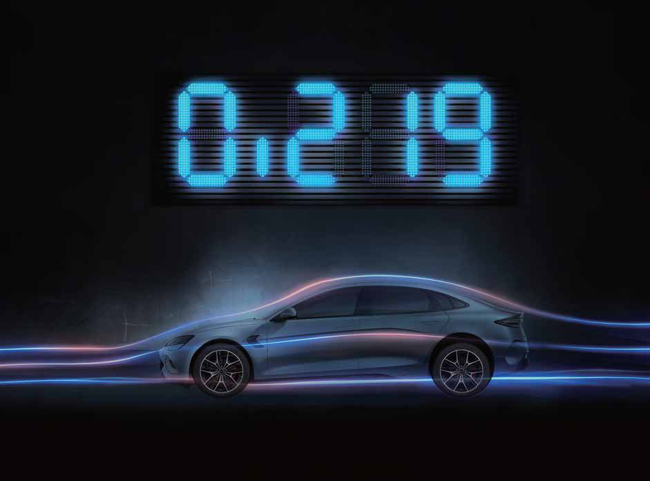 BYD Seal — Low 0.219 Cd aerodynamic profile visualised with airflow streamlines over the body.