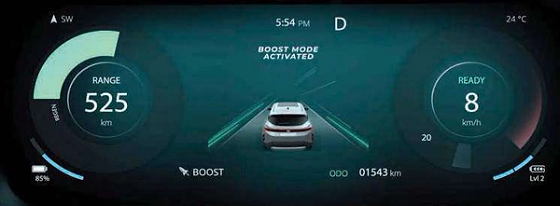 Tata Harrier EV, Boost Mode engaged on the digital cluster - a burst of torque takes the Harrier.ev from 0 to 100 km/h in 6.3 seconds