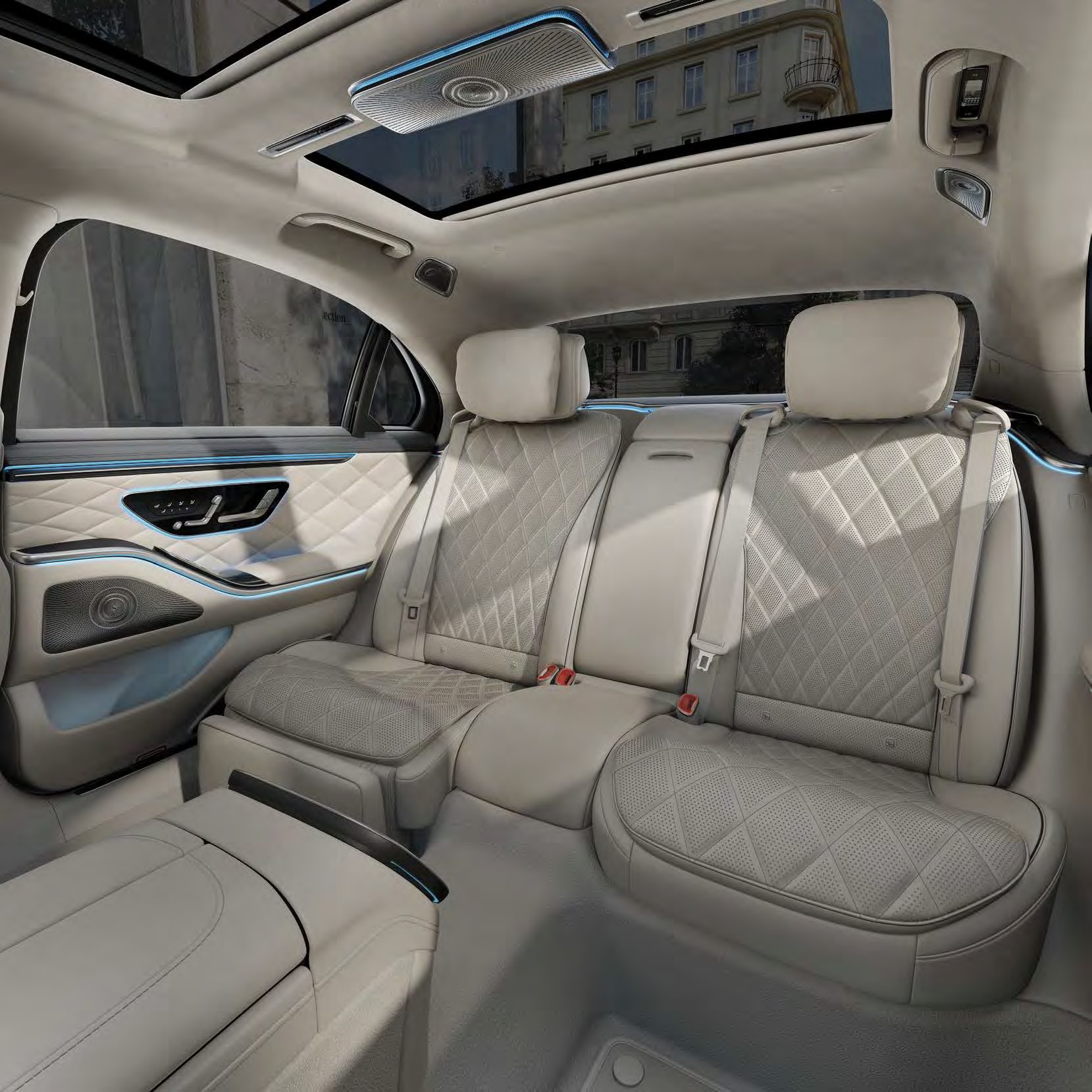 Mercedes-Benz S-Class — Rear bench in diamond-quilted Nappa leather beneath a panoramic roof