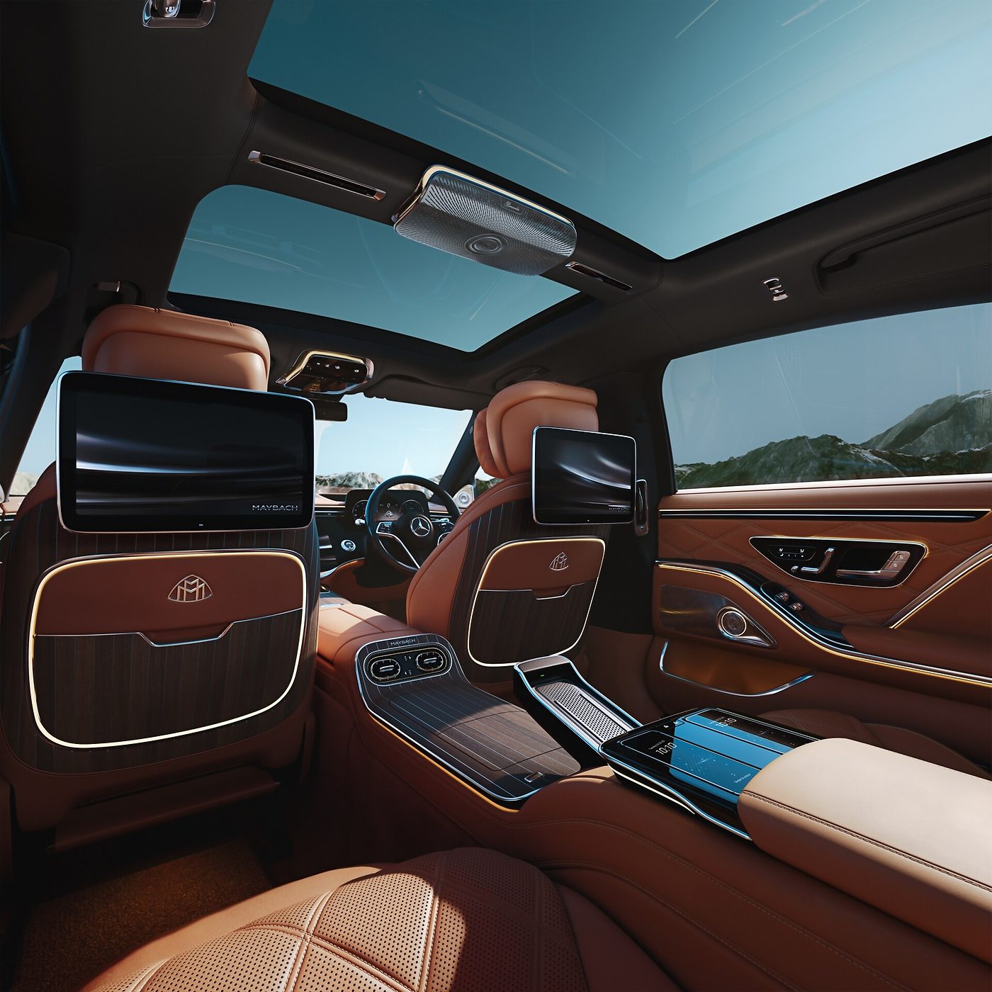 Rear cabin of the Mercedes-Maybach S-Class with the two 13.1-inch entertainment screens