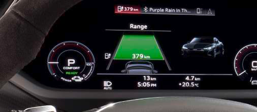 Audi e-tron GT — Audi virtual cockpit displaying the remaining driving range and range map